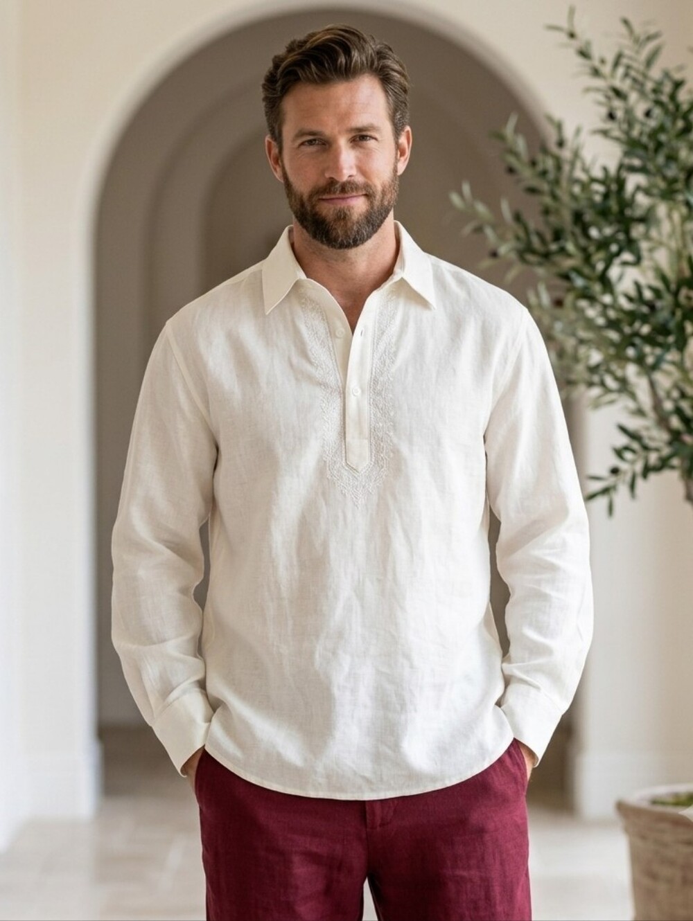 Cubavera Men's Linen Blend  Long-Sleeve Tunic Shirt in Off-White Sz Xl